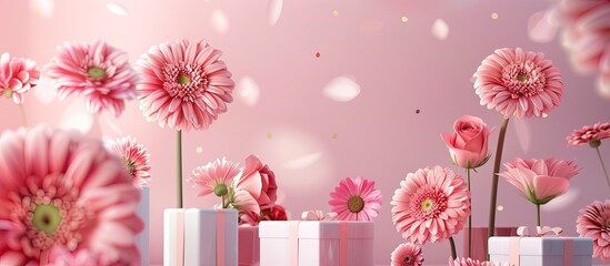 Poster - Celebrate International Women s Day with elegant gift boxes featuring roses and gerbera flowers on a pink background perfect for a copy space image