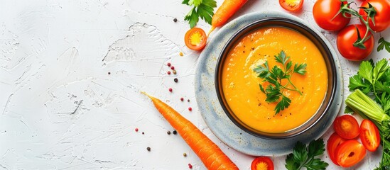 Canvas Print - Top down view of carrot puree soup in a ceramic bowl with fresh carrots and tomatoes arranged on a white textured background creating a visually appealing composition with copy space for images