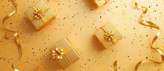 Poster - Top view of golden gift boxes alongside confetti on a colorful backdrop with copy space image