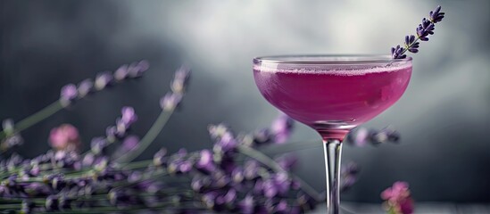 Canvas Print - Gray background setting the stage for a Lavender Gin Cocktail in a glass with ample copy space image