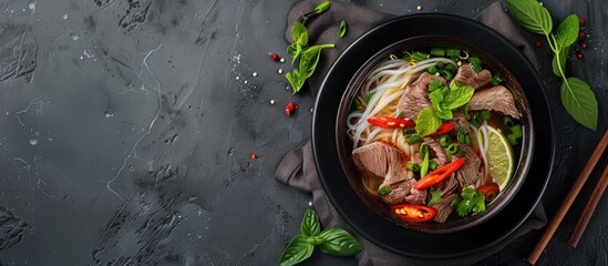 Poster - A Vietnamese and Asian cuisine favorite Pho Bo soup featuring beef rice noodles ginger lime and chili pepper in a bowl with a close up view and copy space image
