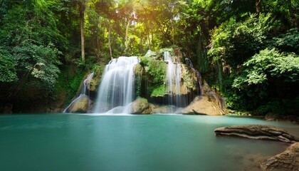 waterfall in forest waterfall in the jungle tropical landscape in the jungle plants and green trees in the jungle waterfall with lake in the forest