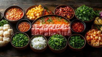 Wall Mural - Chinese hot pot set with meats, vegetables, and dipping sauces