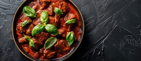 Canvas Print - Beef goulash made at home garnished with basil sprigs in a copy space image