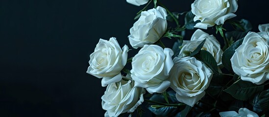 Aufkleber - Artificial white roses creating a floral arrangement on a dark backdrop providing a copy space image for text inclusion