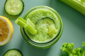 Wall Mural - Fresh Green Smoothie with Celery and Cucumber in a Glass Jar - Healthy Detox Drink with Lemon and Lettuce