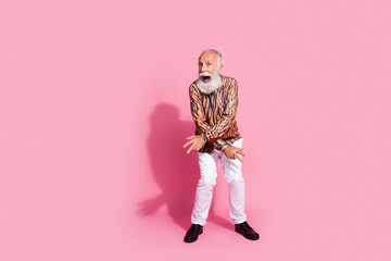 Sticker - Photo of funky crazy old man glamour grandfather dance feel young wear shiny shirt isolated pastel color background