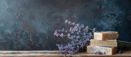 French lavender soap bars with dry flowers displayed on a wooden table against a dark blue backdrop capturing a rustic Provencal still life scene with a copy space image