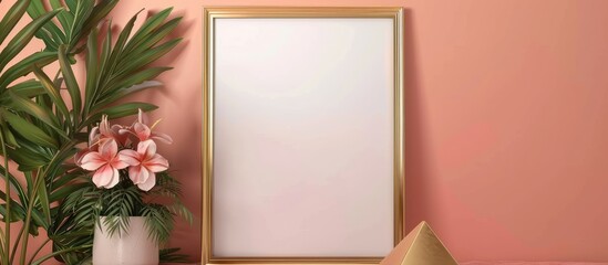Aufkleber - A golden picture frame adorned with flowers and a pyramid displayed on a table accompanied by a generous area for text in the photo. Creative banner. Copyspace image