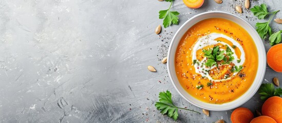 Aufkleber - Cream topped roasted pumpkin and carrot soup garnished with seeds and fresh greens in a copy space image
