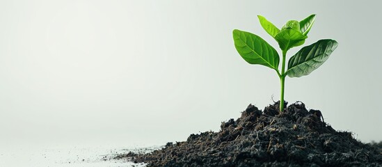 Poster - A seedling situated in compost on a plain white backdrop with ample copy space image available