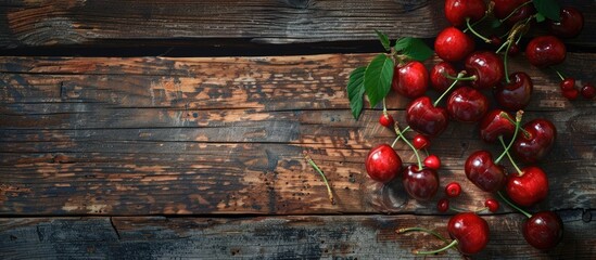 Poster - Top down view of ripe cherries displayed against a rustic wooden backdrop ideal for a copy space image
