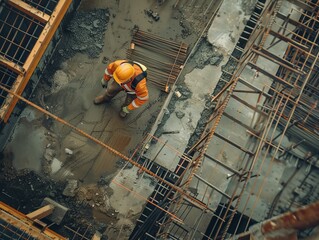 Construction worker in safety uniform diligently working on roof structure at building site