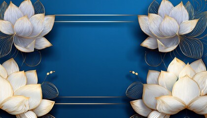 luxury lotus flower background elegant white lotus flowers golden line art leaves gradient color on blue generative ai