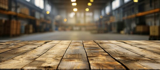 Poster - a wood table is empty with a blurred warehouse backdrop providing ample copy space for displaying pr