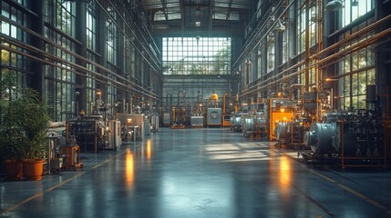 Poster - a spacious factory interior showcases equipment designed for sustainable production processes.