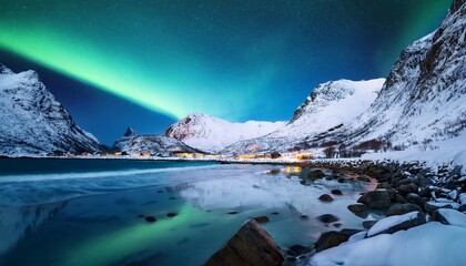 Wall Mural - northern lights over the snowy mountains frozen sea reflection in water at winter night in lofoten norway aurora borealis and snowy rocks landscape with polar lights road starry sky and fjord