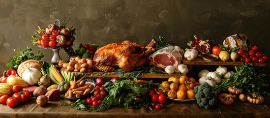 Poster - A table adorned with a delectable array of meat veggies spuds and herbs perfect for a picturesque meal with copy space image