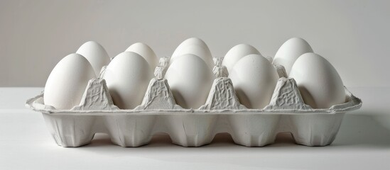 Poster - Eggs displayed in a styrofoam egg carton arranged with copy space image on a white background