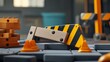 © Aris Suwanmalee - Close-up of a yellow and black striped construction barrier with traffic cones and wooden blocks in the background.
