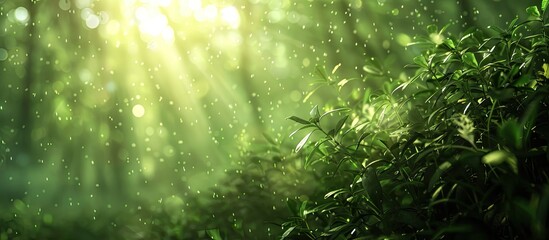 Poster - Spate of peaceful woodland scene showing sunlight filtering through a dense green forest emphasizing tranquility and natural beauty designed for environmental conservation themes with copy space imag