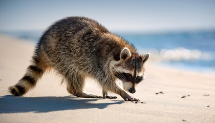 portrait of raccoon looking for food on beach