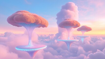 Wall Mural - three trees are floating in the sky, with one of them being a giant tree