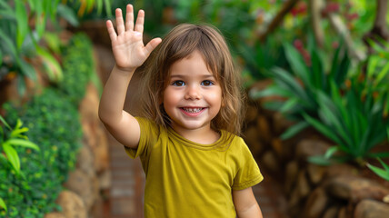 Smiling child waving in a garden