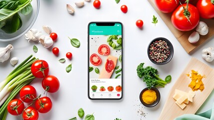 modern recipe app interface displayed on a smartphone, the app features elements like recipe