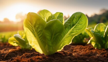 Wall Mural - fresh organic green cos lettuce growing on a natural farm