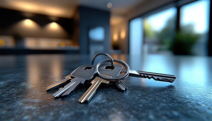 Keys on a keychain, lying on a clean kitchen counter, with a modern home in the background, Practical, Bright, Detailed