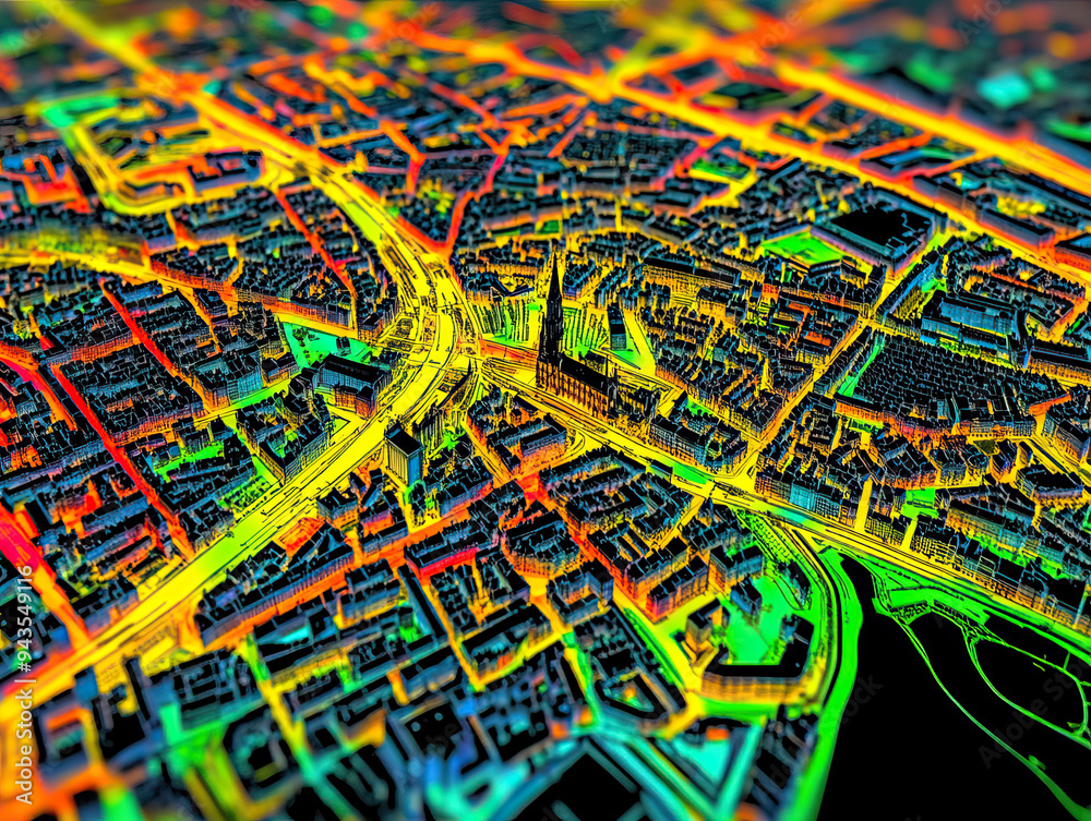 Technical aerial visual, 3D LiDAR GIS aerial map satellite scan model ...