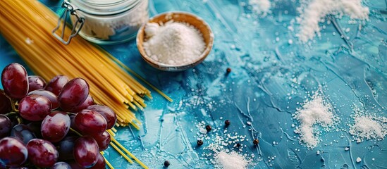 Poster - Ingredients for cooking present in an image of Italian red grape spaghetti penne pasta salt flour and pepper on a cyan textured surface in a flat lay composition with space for text. Creative banner