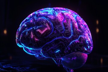 Poster - Creating a digital AI electronic brain made out of metallic material and neon light. Using a neural data storage machine, a stock neural system, and generating with stock based on a futuristic