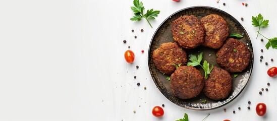 Aufkleber - A rustic plate with fried pork and beef meat cutlets or patties on a white background viewed from the top with copy space image