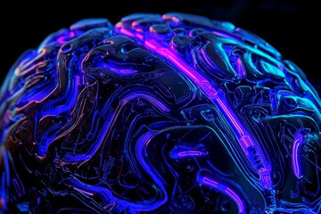 Poster - Electronic AI brain with neon light made of metallic material, neural data storage system, stock neural system, futuristic technology concept.