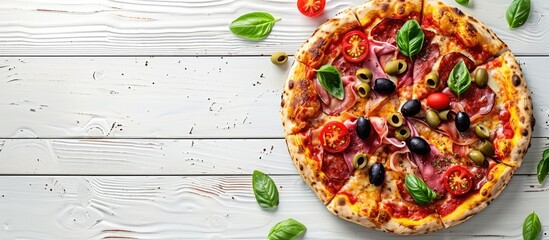 Poster - A delicious pizza topped with cured ham olives tomatoes and basil arranged on a white wooden table in a flat lay composition with room for adding text in the image. Creative banner. Copyspace image