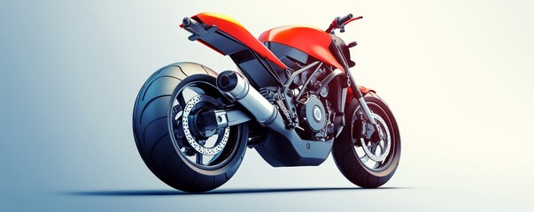 Red and black motorcycle with large wheels.