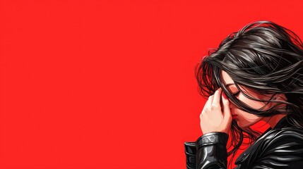 A contemplative portrait featuring a woman with flowing hair against a vibrant red background, evoking emotion and depth.