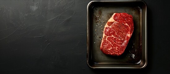 Sticker - Top view of a steel tray holding a grilled Wagyu Striploin or New York steak on a black background featuring ample copy space image