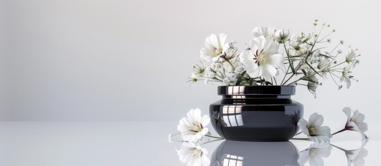 Poster - Cosmetic product display featuring aquilegia flowers reflected in a black mirrored jar set against a white background with copy space image