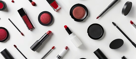 Poster - Top view of beauty products like lipstick eyeshadow and mascara arranged surrounding a white background providing an open space for additional images