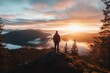 © DachAI - A lone person stands on a mountain peak overlooking a beautiful forested landscape with mist and warm colors of the sunset creating a serene and majestic view.