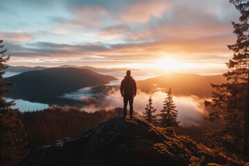 a lone person stands on a mountain peak overlooking a beautiful forested landscape with mist and war