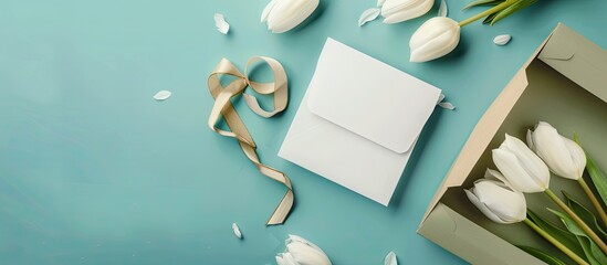 Aufkleber - Gift box and white tulips over a turquoise background with an envelope containing a blank card for a copy space image