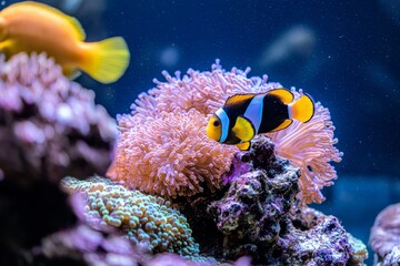 Sticker - Marine life concept, underwater world scene with colorful fishes and plants on seabed, Coral reef landscape in the deep of the ocean. Underwater world scene, underwater world with colorful fishes and