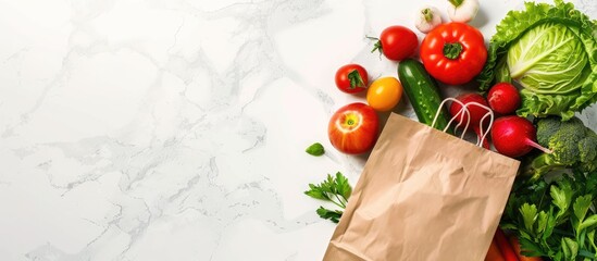 Poster - Fresh fruits and vegetables in a paper bag showcased on a white marble backdrop in a flat lay style perfect for adding text to the copy space image