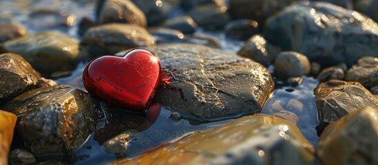 Poster - A red heart ornament on rocks surrounded by water seen from above with a designated area for adding text in the picture. Creative banner. Copyspace image