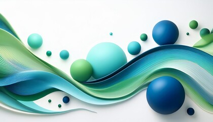 Wall Mural - abstract composition featuring blue and green waves and spheres against a white background