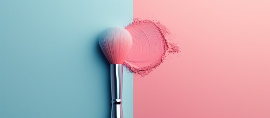 Poster - An elegant makeup brush is placed on a universal tone blush swatch against a pastel background creating a copy space image Top view showcases product design